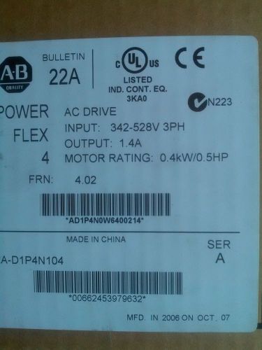 Allen Bradley Powerflex 4  22A-D1P4N104  1/2 HP Drive &#034;NEW&#034;