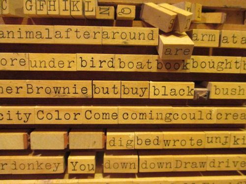 vintage rubber on wood printers block words and letters