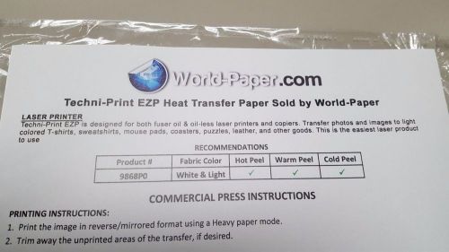 HEAT TRANSFER PAPER 20 SHEETS 8.5 X 11 TECHNI-PRINT EZP LASER  light