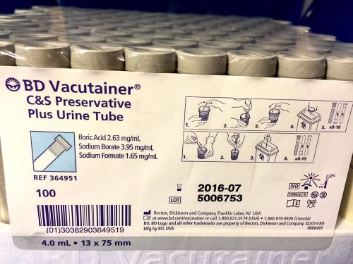 BD Vacutainer Urine C&amp;S Culture Tube Box of 100 Exp 7-2016