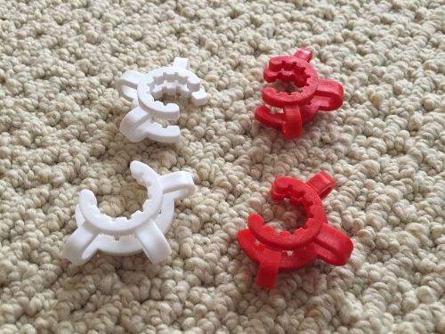 4 x Keck clamps clips: 18MM Brand New! LAB GLASS PYREX clip! Red/White! Nice!
