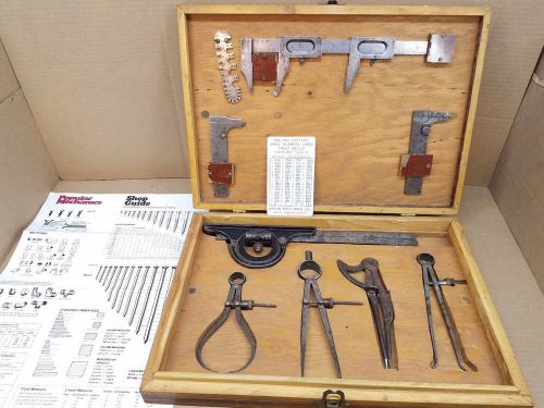 Assorted gauges: starrett steel ruler no 4, bevel protractor, assorted calipers for sale