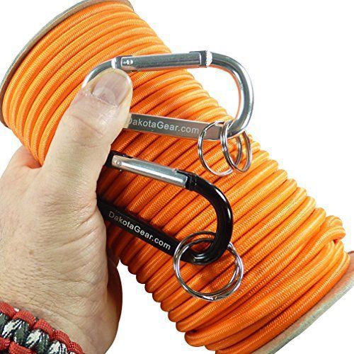 Shock cord - orange 3/16&#034; x 50 ft. spool. marine grade, with 2 carabiners &amp; knot for sale