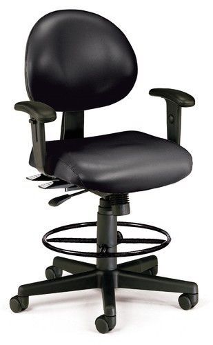 Anti-bacterial medical office task chair in black vinyl w/drafting stool &amp; arms for sale