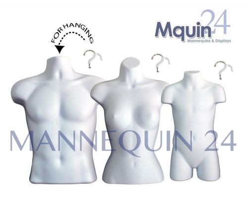 Set of 3 mannequins: male, female &amp; child torso body forms *white w/hangers for sale
