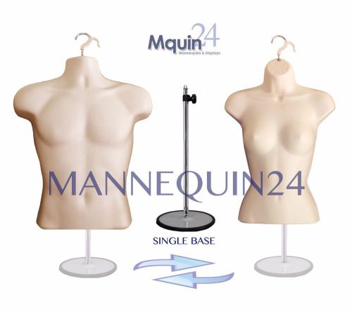 2 mannequins: 1 stand 2 hangers male &amp; female flesh dress torso body forms for sale