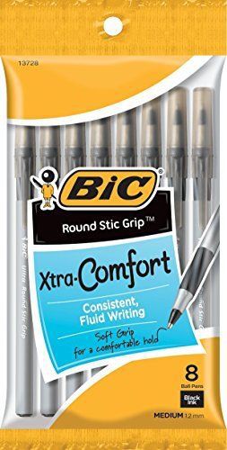 BIC Round Stic Grip Xtra Comfort Ball Pen, Medium Point 1.2 mm, Black, 8-Count