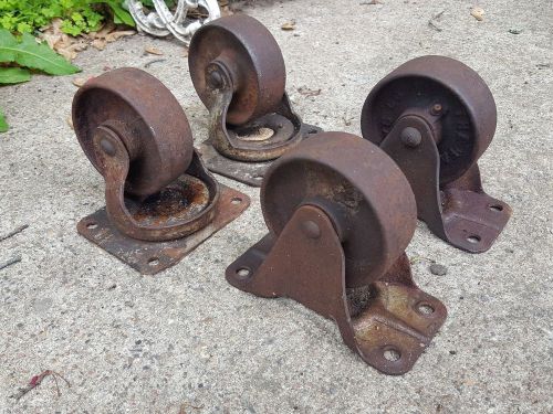 Set of (4) antique cast iron the fairbanks 4&#034; caster cart wheels ~  (2) swivel for sale