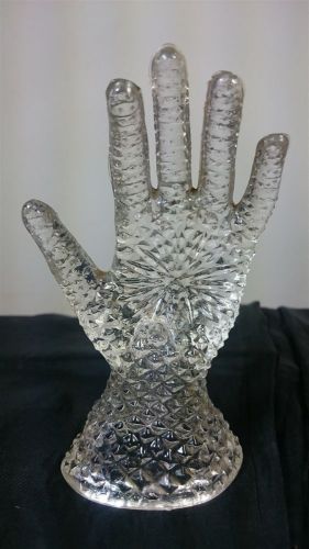 VINTAGE CUT PRESSED GLASS LADIES HAND RING DISPLAY HOLDER STAND 1930&#039;s FIGURINE
