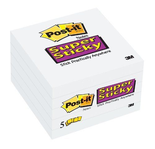 Post-it Super Sticky Notes, 3 x 3-Inches, White, 5-Pads/Pack 654-5SSW
