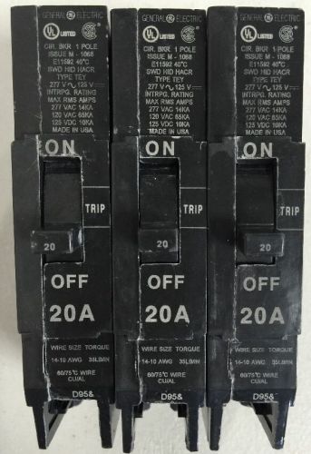 LOT OF 3 - General Electric GE TEY120 Circuit Breaker 20 Amp 1 Pole 277 Vac