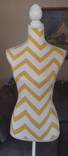 Women&#039;s Dressmaker Form On White Wooden Tripod Base Yellow White Stripes.