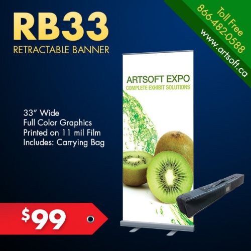 33.5&#034; wide retractable banner stand + free print for sale