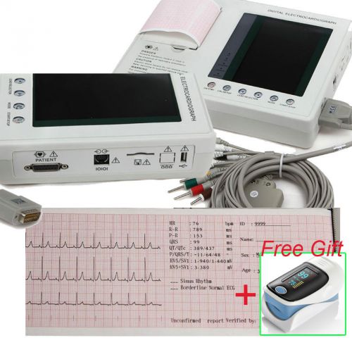 Color LCD Digital 12-lead 3-channel Electrocardiograph ECG Machine EKG +Oximeter