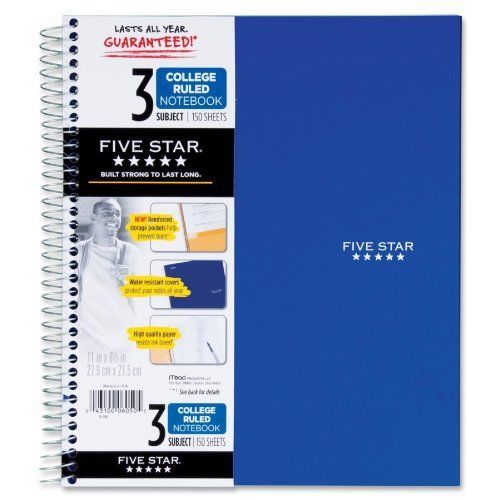 Five Star Spiral Notebook, College Ruled, 3 Subject, 8.5 x 11 Inches, 150 Colors