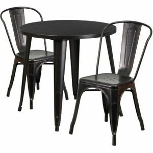 30&#039;&#039; Round Black-Antique Gold Metal Indoor-Outdoor Table Set with 2 Cafe Chairs