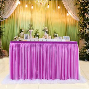 yuanPurple Color Long Yarn Table Skirt with Threaded Ribbon for Wedding Party