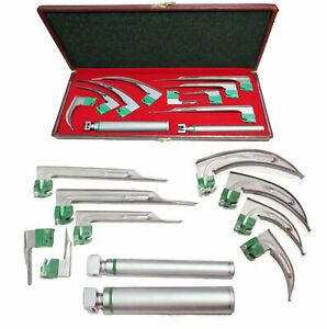 Fiberoptic Laryngoscope 9 Blades Mac &amp; Miller 2 Handle Standard Pinlight Box