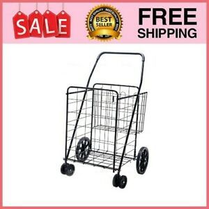 LS Jumbo Deluxe Folding Shopping Cart with Dual Swivel Wheels and Double Basket-