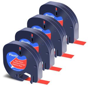 4PK Black on Red Plastic Label Tape Refills 1/2in for DYMO LetraTag QX50 91333