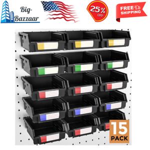 Incly 15 Pack Black Plastic Pegboard Bins Storage Set Hooks to Any Peg Board