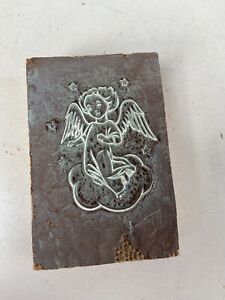 Vintage F Weber Co letterpress block stamp Angel In Cloud Stars