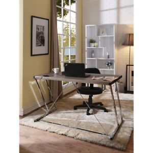 Metal Rectangular Writing Desk With Usb Dock, Oak Brown &amp; Silver