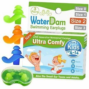 Swimming Ear Plugs Size 2: Kids 4-14yr &amp; Small Ear Adults (Green Orange Blue)