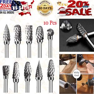 Double Cut Carbide Rotary Burr Set - 10 Pcs 1/8&#034; Shank, 1/4&#034; Head Length