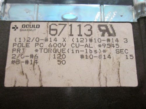 Gould power distribution block 67113, line (1) 2/0- #14,load(12)#10-#14, 3p used for sale
