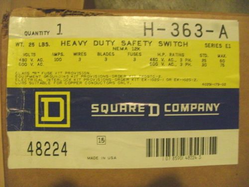 3 POLE SAFETY DISCONNECT SWITCH SQUARE D H-363-A, 600V 100A, NEMA 3R, RAINTIGHT