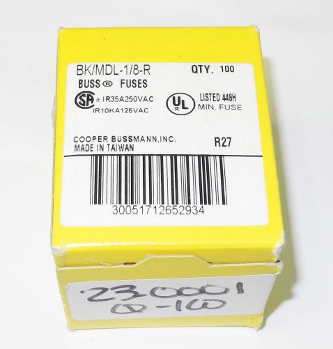 Box Of 100 Pieces Buss BK/MDL-1/8-R 1/8 Amp 250V 3AG Glass Time Delay Fuses. FU