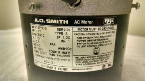 AO SMITH 1/7HP AC MOTOR # EL2002  # 316P936  115VAC  60HZ.  2.5AMPS  3450RPM
