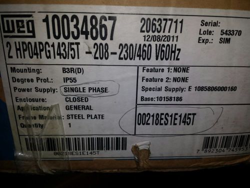 Weg electric motor nib 00218ep3e145t 2 hp, 1800 rpm, 1 ph, 145t frame, tefc for sale