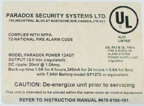Paradox Security Systems Controller 12ADT Power Supply Used 14 Day DOA Warranty