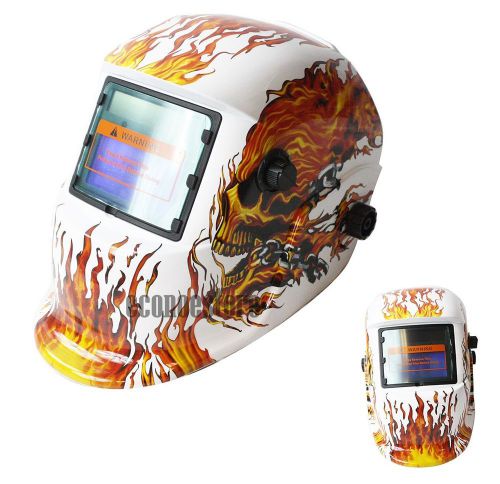 TIG MIG Auto-Darkening Solar Power Skeleton Flame White Welding Weld Helmet