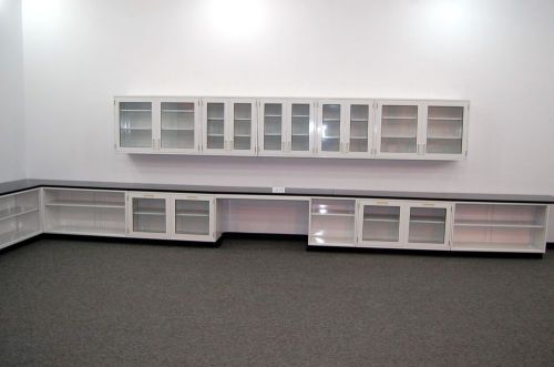 36&#039; fisher lab glass cabinets &amp; casework w/ wall units for sale