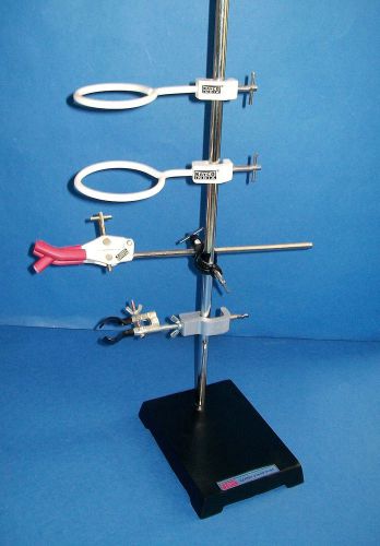 Heavy cast iron stand with micro &amp; three prong clamp 2 retort holder  7&#034;x 5&#034; lab for sale