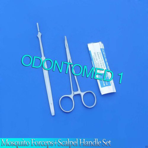 MOSQUITO HEMOSTAT FORCEPS 5&#034; CURVED +SCALPEL HANDLE #7+5 SURGICAL BLADES #12