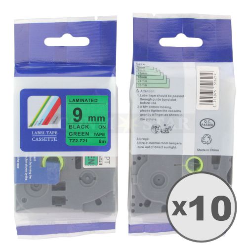 10pk Black on Green Tape Label for Brother P-Touch TZ TZe 721 9mm 3/8&#034; 26.2ft
