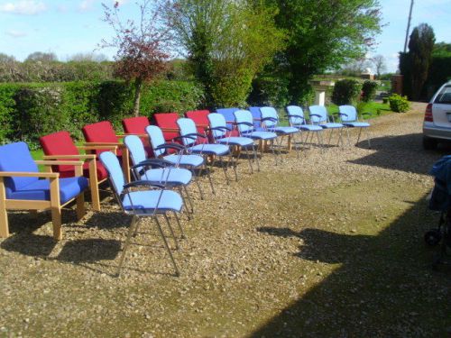 10 x Office armchairs,chrome frame and blue fabric to seat and back ex condition