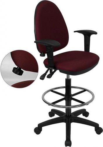 Mid-back burgundy fabric multi-functional adjustable drafting stool with arms for sale