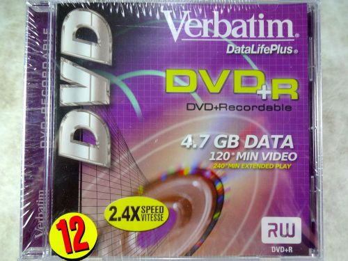 New NIB VERBATIM DVD+R 4.7GB DATA 120 Minutes Video 2.4X SPEED VITESSE 12-PACK