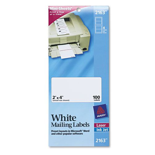 Laser/inkjet mailing labels, mini-sheet, mini-sheet, 2 x 4, white, 100/pack for sale