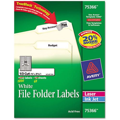 AVERY 75366 TRUBLOCK White File Folder Labels 1/3 Cut 1800 Laser Ink Jet