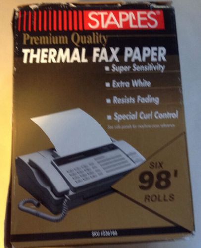 Staples premium quality thermal fax paper. six 98&#039; rolls.