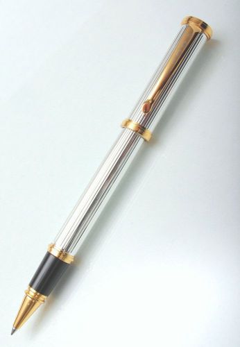 NIB Tourneau German Engineered ROLLER BALL Pen Silver with 22KT GOLD p ACCENTS