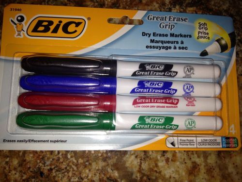 4 PacK BIC Great Erase Grip Dry Erase Markers Ink Pens Fine Point Low Odor~new!!