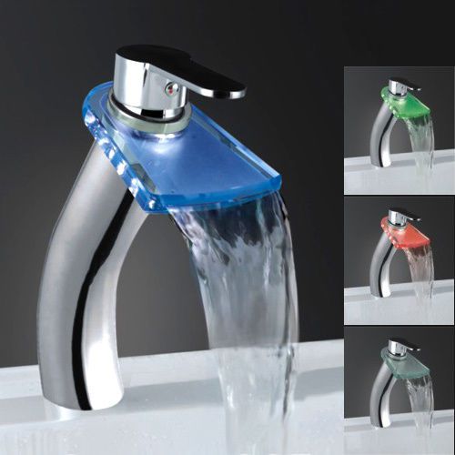 Modern Tall LED Waterfall Single Handle Vessel Faucet Chrome Tap Free Shipping