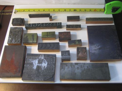 19 ANTIQUE PRINTING PLATES ON WOOD BLOCKS SEE PICTURES FOR MORE INFO.